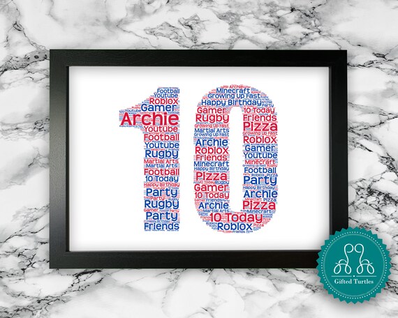 Personalised 10th Birthday Ten Birthday Gift Word Art Wall Etsy - roblox youtube pizza party