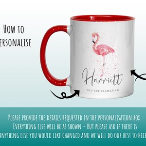 Taza personalizada de flamenco - Ideal para amantes de los animales - Taza y posavasos - Eres Flamazing - Regalos para ella - Diseño de acuarela MGZ422 imagen 3