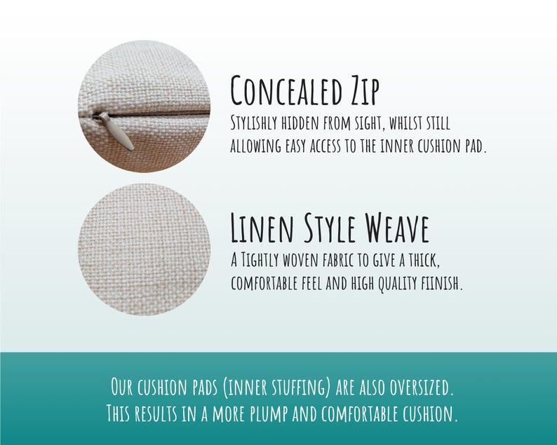 May include: Close-up of a white linen cushion cover with a concealed zipper. The text "CONCEALED ZIP" and "LINEN STYLE WEAVE" is visible. The text reads: "Stylishly hidden from sight, whilst still allowing easy access to the inner cushion pad." and "A tightly woven fabric to give a thick, comfortable feel and high quality finish."