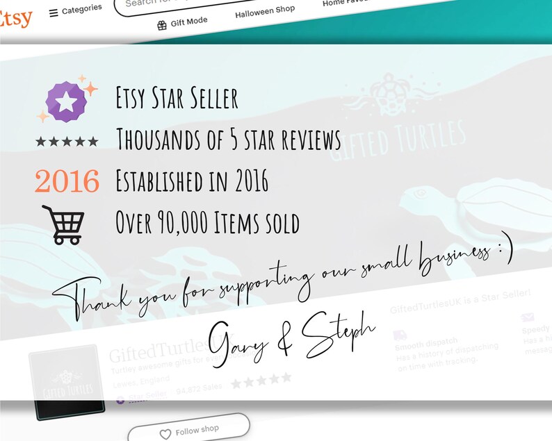 May include: Etsy shop banner with a purple star and the text "Etsy Star Seller", "Thousands of 5 Star Reviews", "2016 Established in 2016", "Over 90,000 Items Sold", and "Thank you for supporting our small business :) Gifted Turtles Gary & Steph".