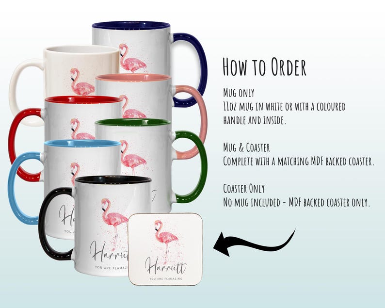 Taza personalizada de flamenco - Ideal para amantes de los animales - Taza y posavasos - Eres Flamazing - Regalos para ella - Diseño de acuarela MGZ422 imagen 4