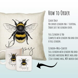 May include: A white linen cushion cover with a black and yellow bumblebee illustration and the word "Poppy" written in cursive. The cushion cover is available as a cover only, a full cushion with pad, or with a matching white mug and coaster.