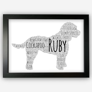 May include: Black and white word cloud art print of a Cockapoo dog silhouette. The words include "Ruby", "Cockapoo", "Poodle", "Chew", "Walkies", "Treats", "Toys", "Woof", and "Play".