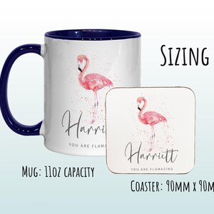 Taza personalizada de flamenco - Ideal para amantes de los animales - Taza y posavasos - Eres Flamazing - Regalos para ella - Diseño de acuarela MGZ422 imagen 6
