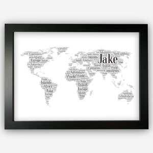 May include: A black and white world map word art print with the name "Jake" in the centre. The map is made up of words related to travel and adventure, such as "world", "continents", "islands", "travel", and "adventure".