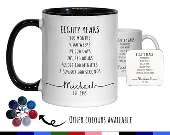 80th Birthday Gift for Men - Personalised Birthday Coffee Mug Coaster Age 80 Gift for Him Mens Lifetime Design Dad Grandad Eighty BNE80M
