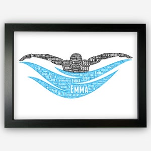 Personalised Swimming Swimmer Swim Team Gift Word Art Wall Room Decor Prints GC1300