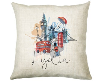 Personalised London City Watercolour Cushion Custom Design Gift Valentines Present - London Landmark Pillow Gift CS313