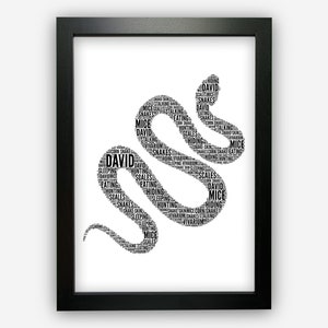 May include: Black and white word cloud art print of a snake with the name "David" incorporated into the design. The words in the cloud include "snake", "mice", "eating", "scales", "hiding", "stalking", "sleeping", and "hunting".