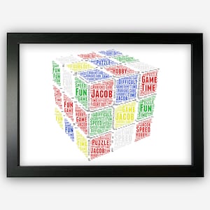 May include: A colourful word cloud in the shape of a Rubik's cube. The words include "fun", "game", "speed", "time", "puzzle", "hobby", "difficult", "Jacob", and "Rubik's Cube".