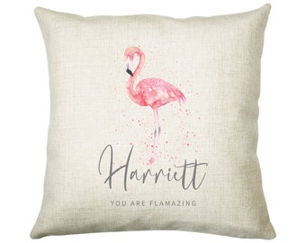 Personalised Pink Flamingo Cushion Gift Printed Name Design - Cushion Throw Pillow Gift For Mum Dad Friend Bedroom Birthday Christmas CS422