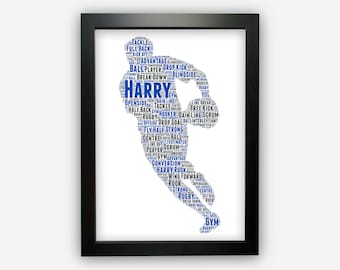 May include: A blue and white word cloud in the shape of a rugby player. The word cloud includes terms related to rugby, such as "tackle", "full back", "drop kick", "gain line", "scrum", and "try". The name "Harry" is prominently displayed in the center of the word cloud.