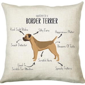 May include: A beige throw pillow with a brown Border Terrier illustration and text that reads "Anatomy of a Border Terrier" with labels for different parts of the dog, such as "Kind Sight Blobs", "Silky Ears", "Happiness Meter", "Snack Detector", "Beware of Toots", "Scratch Here", "Used to Scratch for Attention", and "Speedy Trotters".