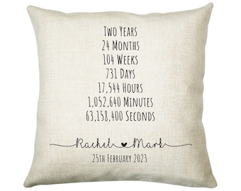 May include: A white linen cushion with black text that reads "TWO YEARS 24 MONTHS 104 WEEKS 731 DAYS 17,544 HOURS 1,052,640 MINUTES 63,158,400 SECONDS Rachel Mark 25TH FEBRUARY 2023".