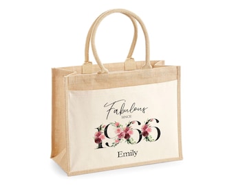 60th Birthday Gift For Women Personalised Jute Bag - Gift For Her Floral Tote Bag Gifts - Sixty 60 Fabulous Since 1966 Shopping Bag BNC60T