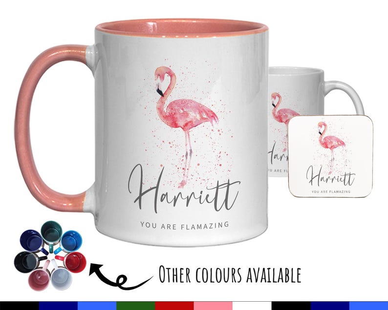 Taza personalizada de flamenco - Ideal para amantes de los animales - Taza y posavasos - Eres Flamazing - Regalos para ella - Diseño de acuarela MGZ422 imagen 1