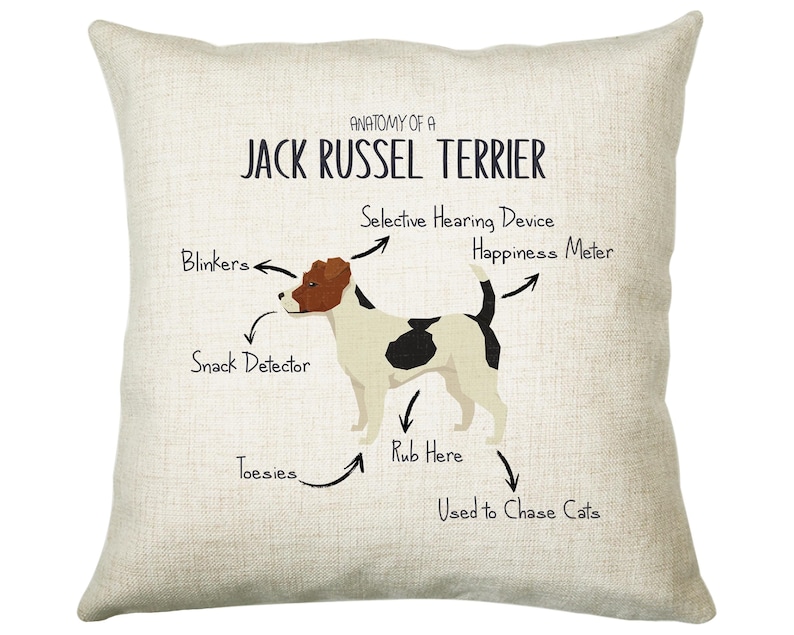 May include: A beige throw pillow with a white Jack Russel Terrier illustration and the text "Anatomy of a Jack Russel Terrier". The illustration shows the dog's body parts labeled with humorous names like "Blinkers", "Snack Detector", "Happiness Meter", "Toesies", and "Used to Chase Cats".