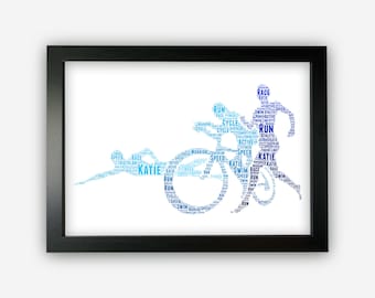 May include: A blue and white word cloud art print of a triathlete in the three disciplines of swimming, cycling, and running. The word cloud includes the name "Katie" and words related to triathlon, such as "race", "speed", "athlete", and "finish line".