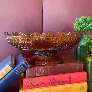 Amber Pedestal Bowl Fenton Style, Serving, Centerpiece, Unique Bubble Glass, Gorgeous Detail, Statement, Ornate, Scalloped