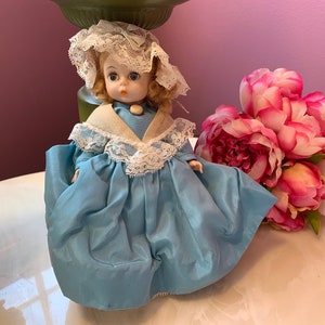 1950s Plastic Blue Dress Baby Doll, Open Close Eyes, Vintage Doll Big Eyes, Prairie Dress, Lace, Beautiful