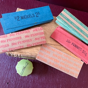 Vintage Coin Wrappers Sleeves, Lot of Coin Wrappers, Colorful, Nickels, Pennies, Dimes, Quarters