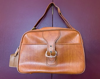 Pierre Cardin Vintage Bag, Sears, Faux Leather, Overnight Bag, Briefcase, Luggage, Train Case, Camel Color, Brown, Silver, Midcentury
