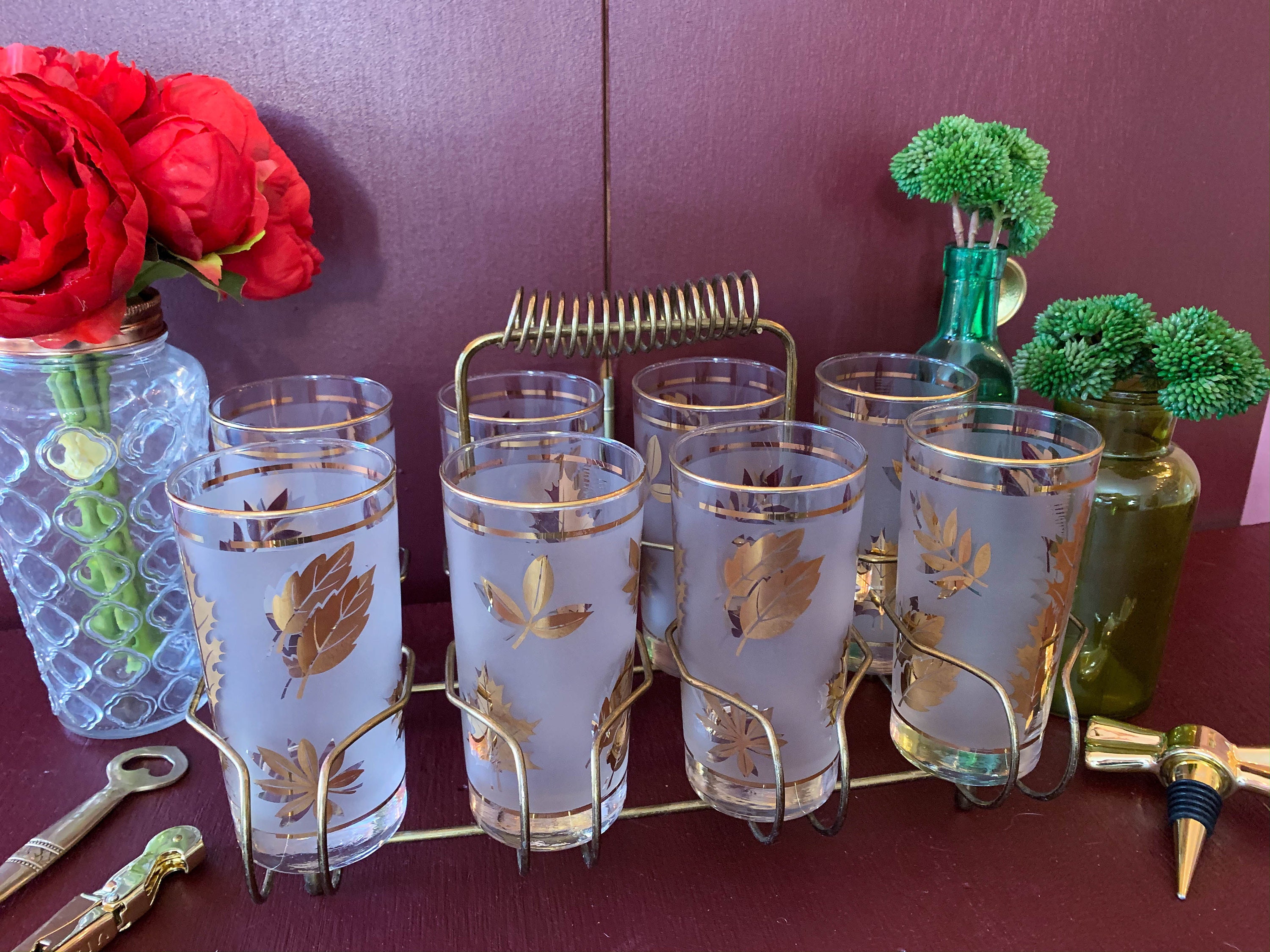 Libbey Glass Set of Eight Water Glasses With Red Roses & Gold 