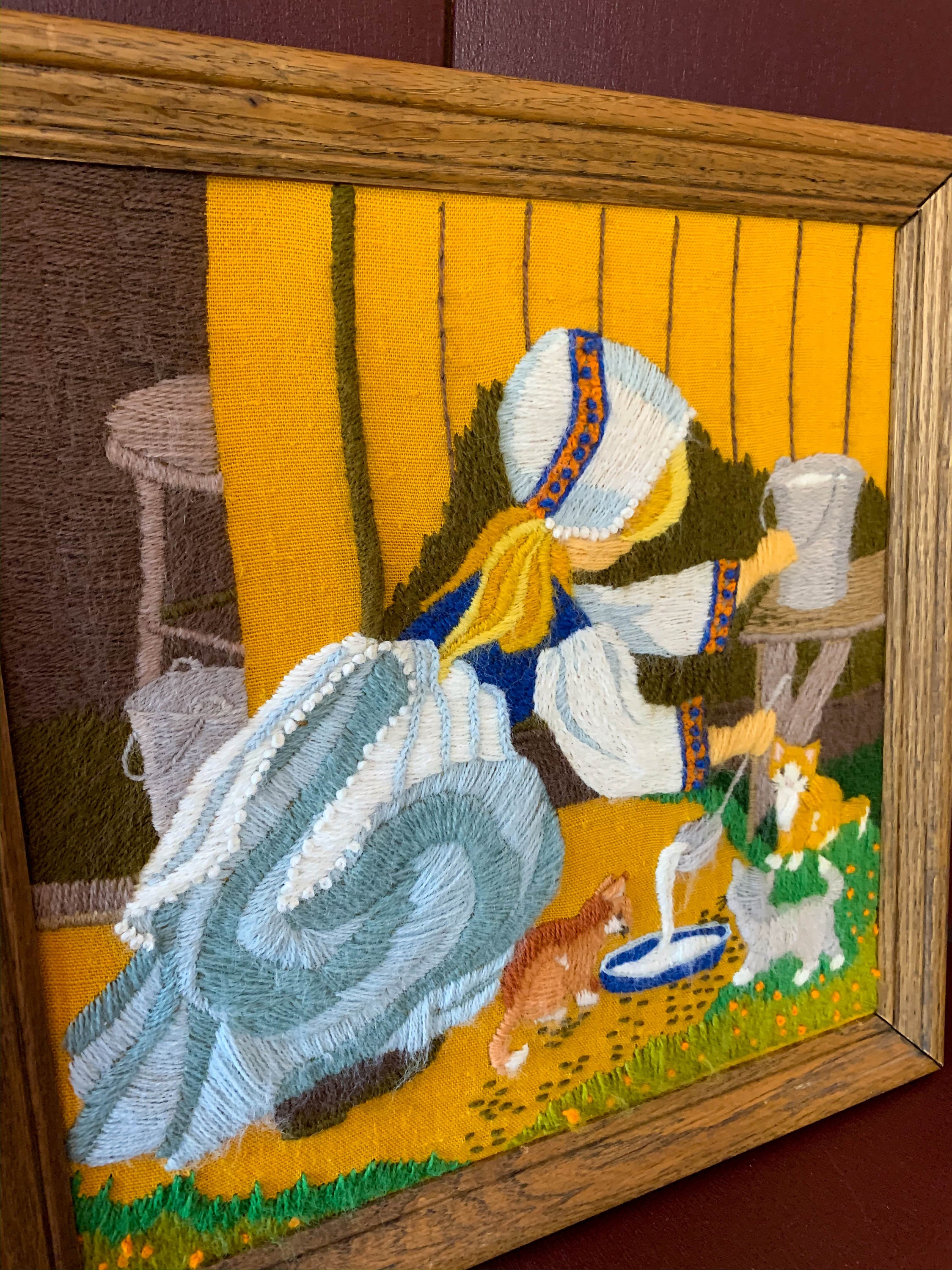 Cat Lady Yarn Art Girl and Cat Wall Art Framed Kittens Etsy