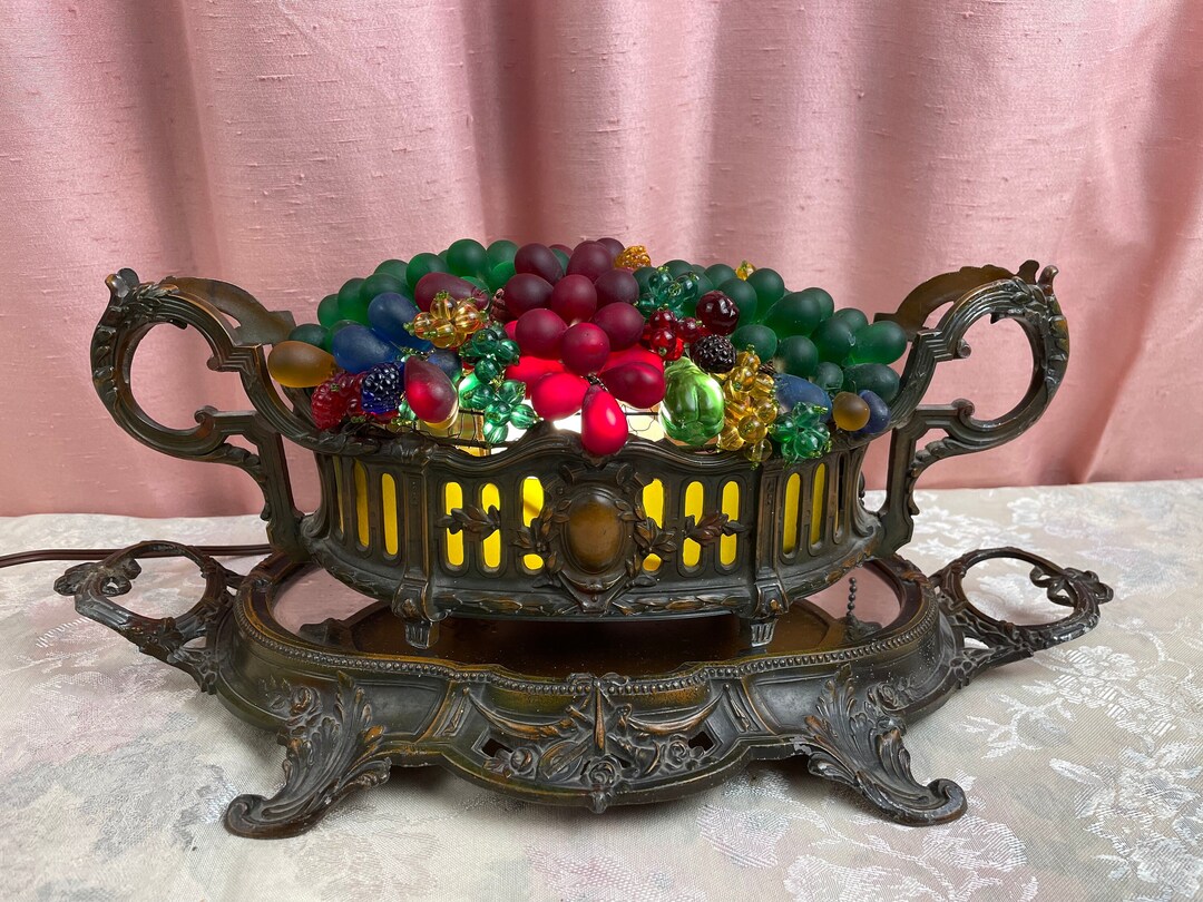 Czech Glass Fruit Spelter Basket Lamp With Mirror Tray, Rare Antique, Working Lamp, Unique Home