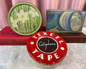 Vintage Tins - Texcel Tape Tin, Lillian Clare Chocolates Tin and Narcisse Dusting Powder Tin with Puff, Vintage Vanity, Beauty, Advertising