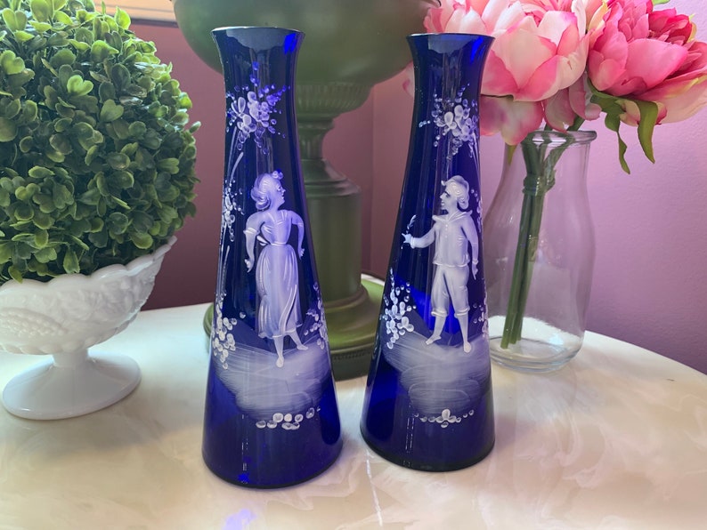 Mary Gregory Cobalt Blue Glass Vase Pair, Antique, Victorian, Bud Vase
