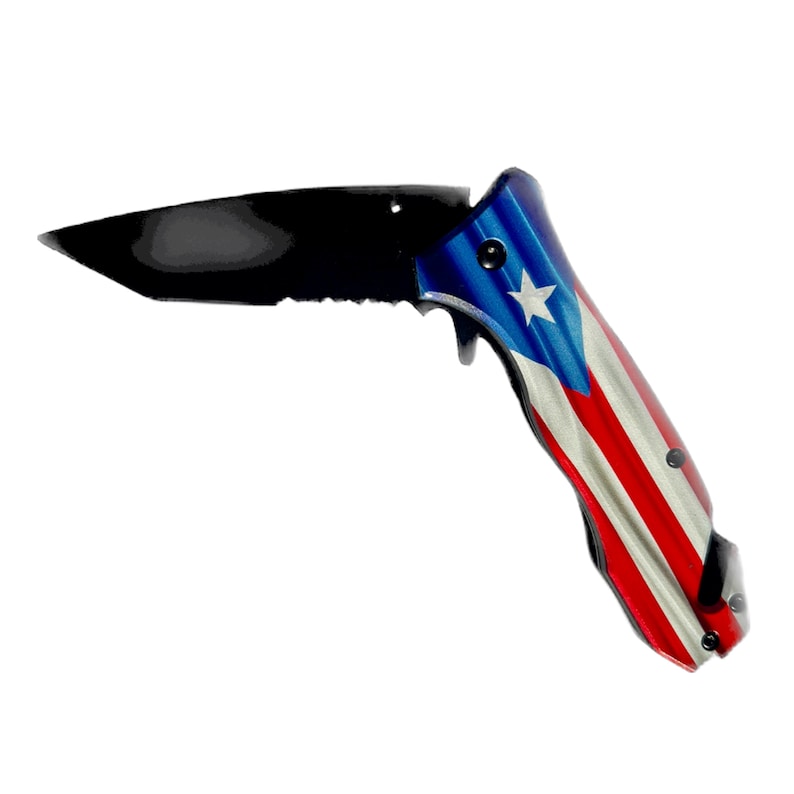 May include: A black folding knife with a red, white, and blue Puerto Rican flag design on the handle.