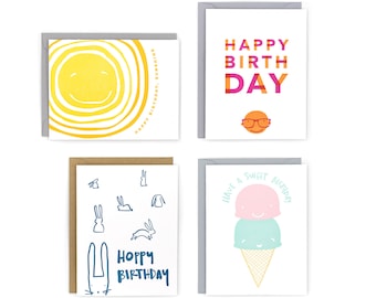 Set of 4 Letterpress Birthday Cards
