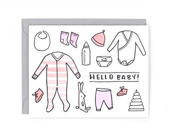 Hello Baby Letterpress Card - Hand Watercolored