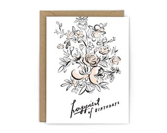 Afie 15-6459 ARGUS Tarjeta Feliz Cumpleaños Con Sobre - Ramo De Flores BRILLANTE EN RELIEF Ramas Hojas Ilustración Colorida Campestre Verde Agua Azul Rosa Violeta Para Niña Mujer