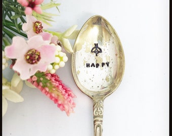 BEE HAPPY hand stamped vintage coffee teaspoon. Personalised cutlery. Beautiful Gift. Custom text stamp.