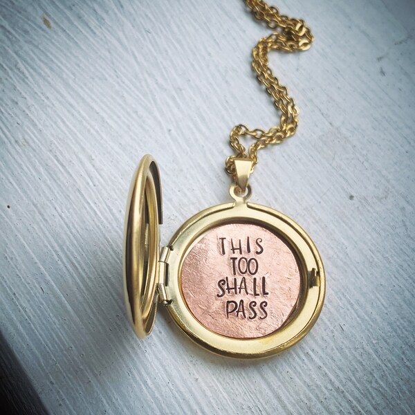 This Too Shall Pass. Hand stamped locket pendant necklace. Mental health Recovery positive affirmation jewellery gift present