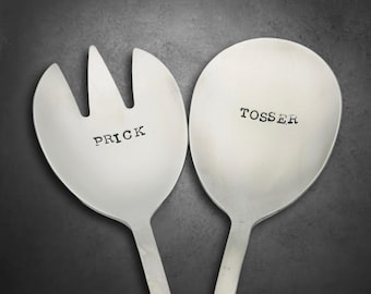 Funny Rude PRICK TOSSER summer salad servers Hand stamped spoon fork. Anniversary Christmas Birthday Housewarming cutlery Gift