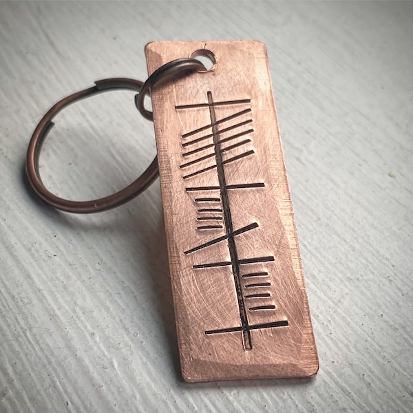 Anam Cara’ Soulmate OGHAM Celtic Irish language Hand stamped copper Keychain key ring. Traditional 7th wedding anniversary gift