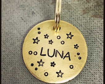 Night sky Brass Pet ID name and phone number tag. Personalised dog, cat name, Microchipped, phone number tag. Hand stamped disc