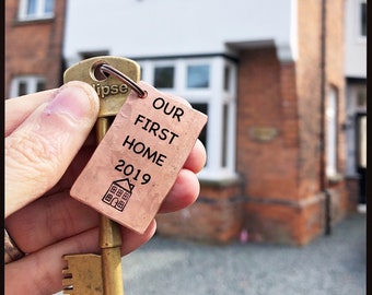 Our First Home. Home Sweet Home. Personalised Hand stamped gift. Keychain. Copper key ring. Housewarming new home gift