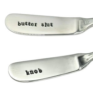 BUTTER SLUT & Knob matching couples funny Butter knives. Hand stamped knife Christmas Birthday Anniversary gift Friend rude present