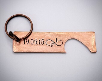 Unique bronze 8th 19th personalised date & initials custom Wedding Anniversary hand crafted Beer bottle opener Hand stamped Keychain gift