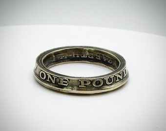 Unique One Pound coin ring. Unusual 1 year Wedding anniversary Birthday gift One of a kind souvenir British jewellery