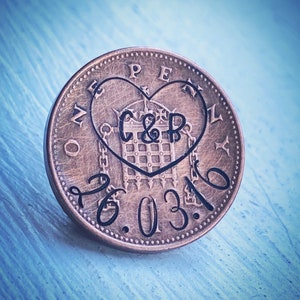 PERSONALISED Bronze 8th wedding anniversary special date LUCKY PENNY. Hand stamped british coin. Love heart Husband wife good luck token