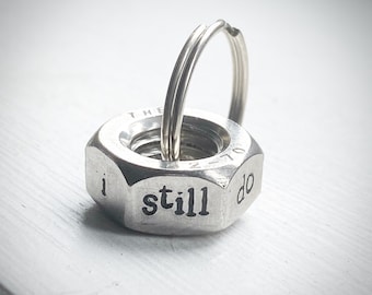 PERSONALISED I Still Do keychain. Hand stamped traditional 6th wedding Anniversary gift for him. Iron hex nut 6 year tally hash marks