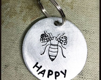 BEE HAPPY, KIND. Hand stamped Aluminium keychain gift. Be happy