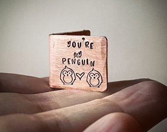 You’re My Penguin PERSONALISED 8th 19th bronze wedding anniversary card keepsake. Extra small miniature cute hand stamped initials and date