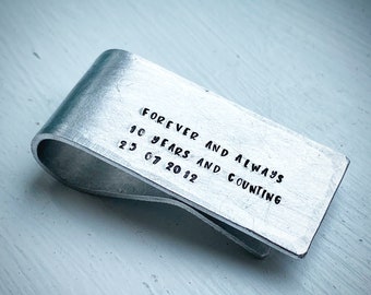 PERSONALISED money clip. Aluminium Tin wedding anniversary. Gift for him, husband. 10th traditional 10 year gift. Forever & always