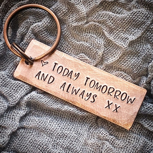 Today Tomorrow And Always. Personalised copper 7th traditional Wedding Anniversary Keychain Gift Wife Husband. Initials and date